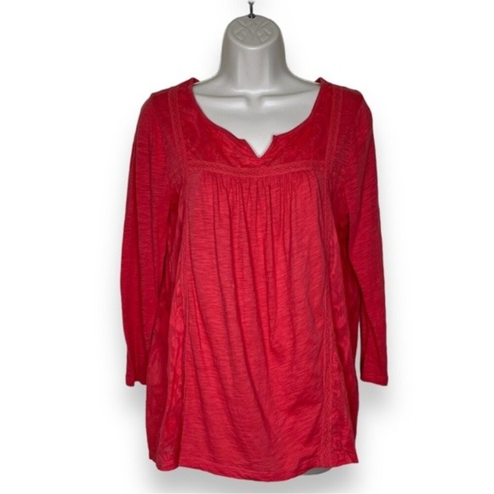 Lucky Brand Split Neck Slub Knit Embroidered Look Panels Coral Top Women Medium
